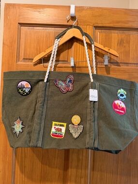 NWT! Free People Been There  Green Canvas large Tote with Embroidered Patches